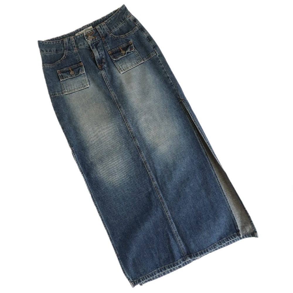 Paris blue vintage denim maxi skirt with slit on both sides
